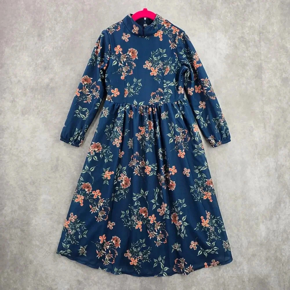 Missvalle Indigo Blue Floral Longsleeve‎ Modest Fairy Vintage Girls Dress Size 5